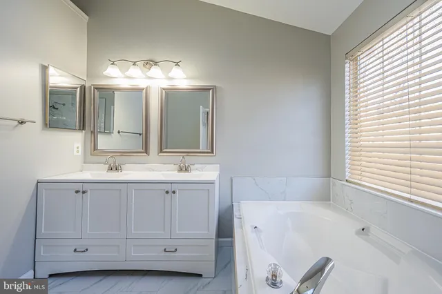 a bathroom with a sink double vanity and a bathtub