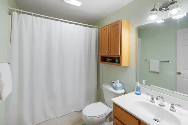 a bathroom with a sink a toilet and shower curtain