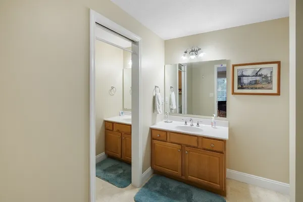 a bathroom with a double vanity sink mirror and toilet