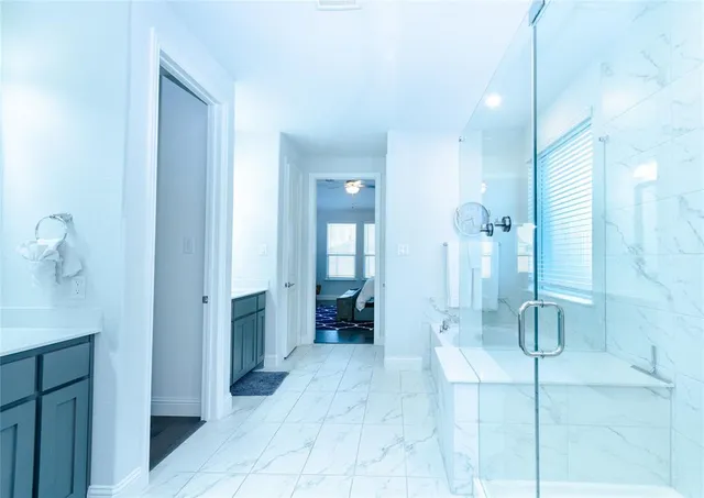 a bathroom with a shower a mirror and a bathtub