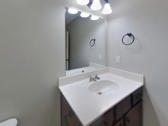 a bathroom with a sink vanity and a mirror