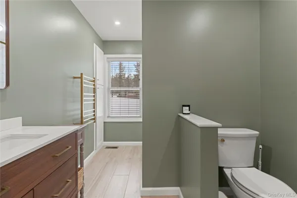 a bathroom with a sink a toilet and shower