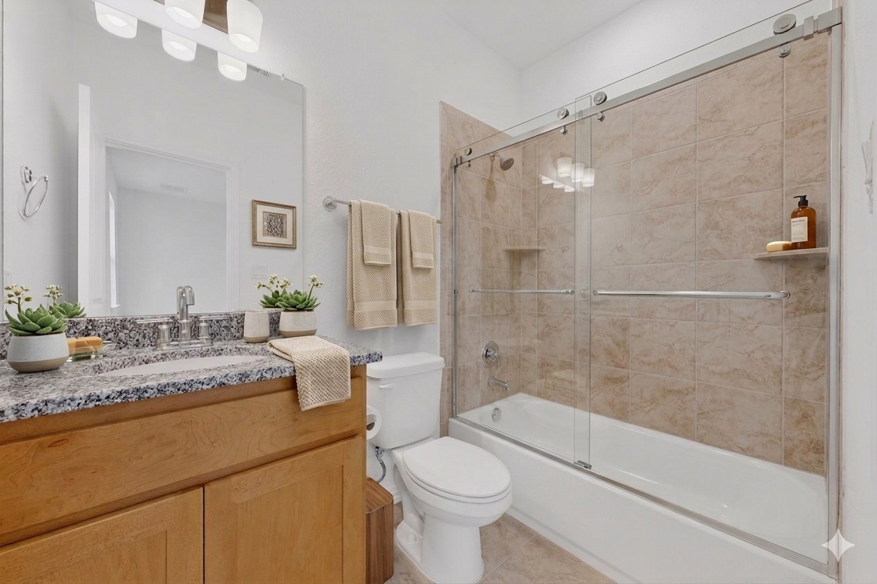 2308 Mondello Path Leander, TX 78641 - Photo 26 of 39 Granite counters and tiled shower create a welcoming, naturally illuminated bathroom retreat.