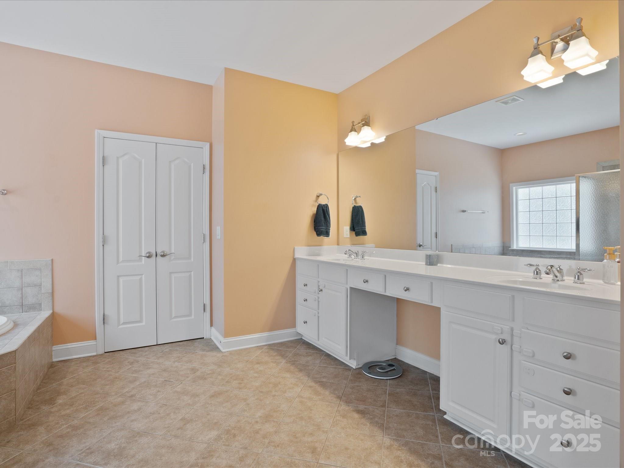 567 Quicksilver Trail Fort Mill, SC 29708 - Photo 23 of 37 a bathroom with a double vanity sink a mirror and a bathtub