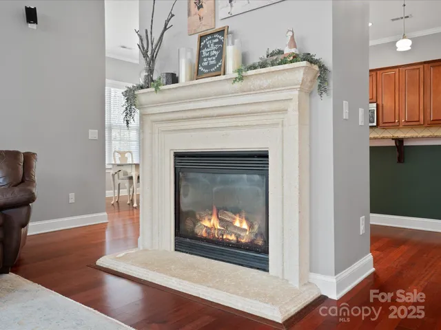 a living room with a fireplace