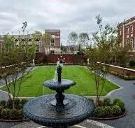 a view of a water fountain in a yard