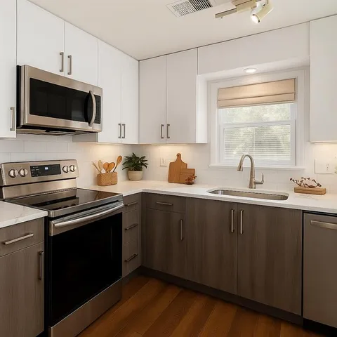 a kitchen with stainless steel appliances a sink a stove and microwave