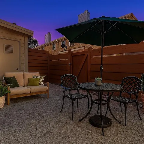 a blue umbrella sitting in the middle of a room