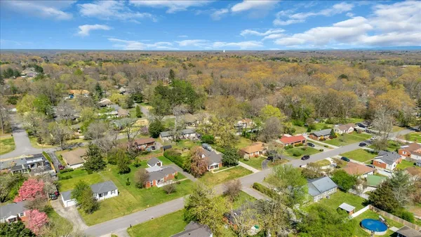 an aerial view of a house with outdoor space