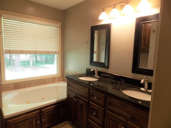 a bathroom with a sink double vanity and a bathtub