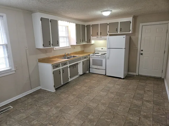 a kitchen with a stove a refrigerator and a sink
