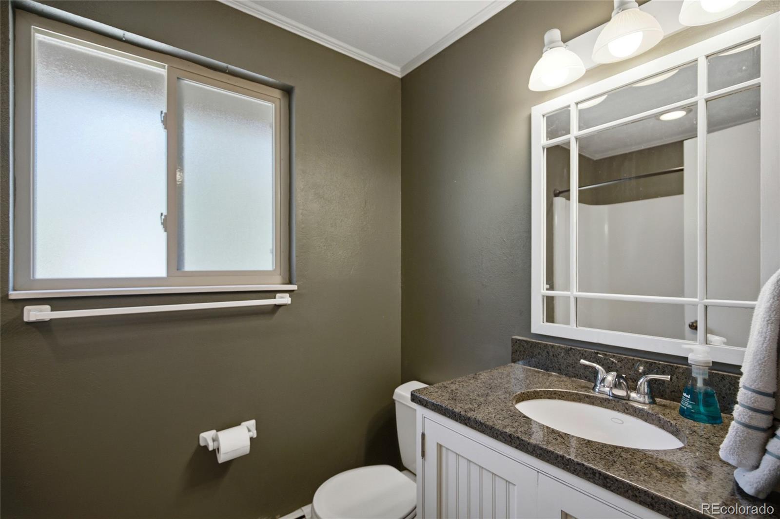 31280 Florence Road Conifer, CO 80433 - Photo 25 of 48 a bathroom with a granite countertop sink a mirror and a toilet