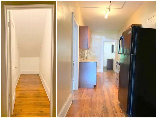 a view of a kitchen from the hallway