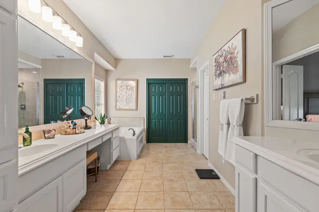 a bathroom with a sink a mirror and a shower