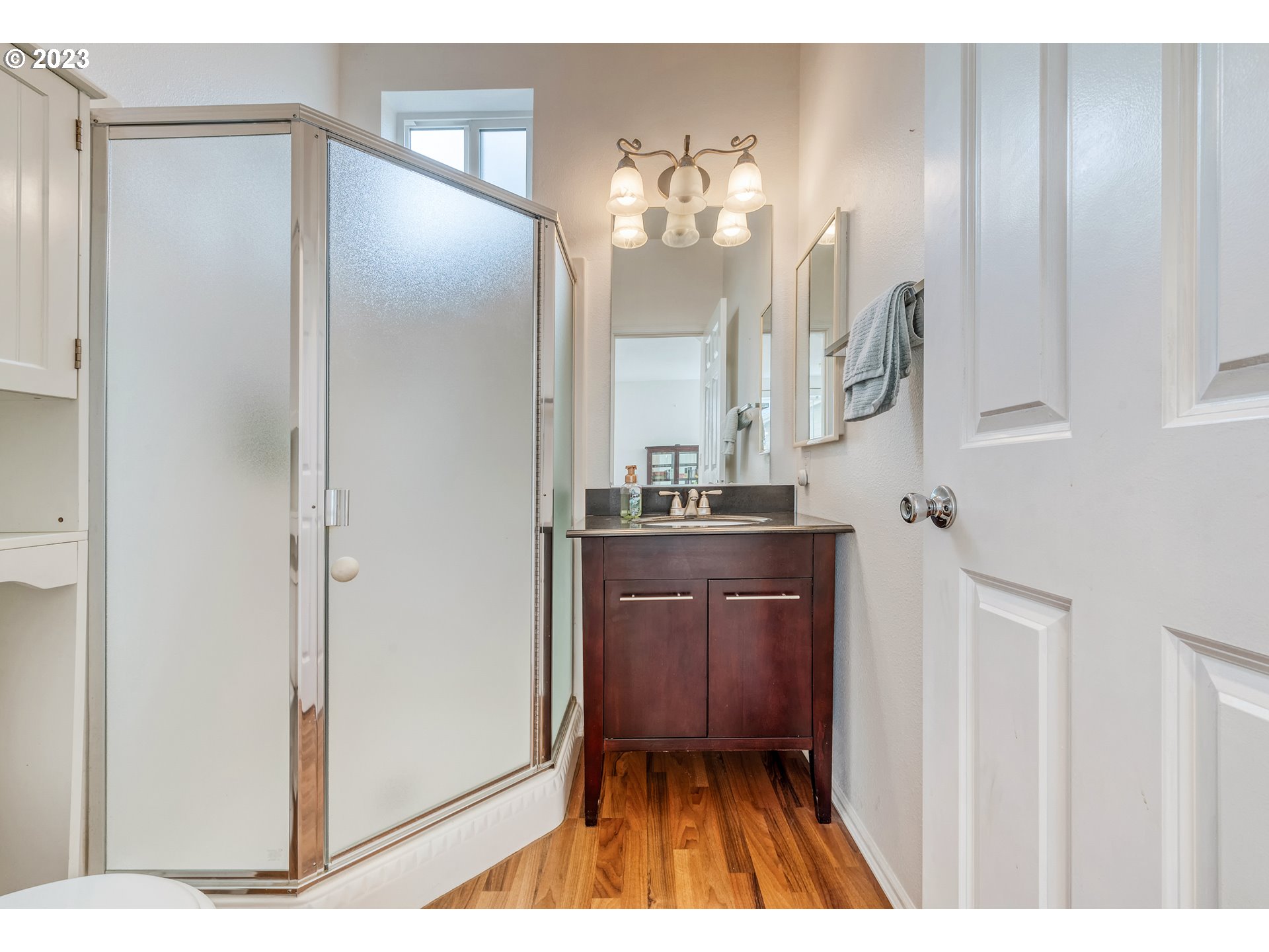 5588 Wales Drive Eugene, OR 97402 - Photo 10 of 41 a bathroom with a sink a mirror and a shower