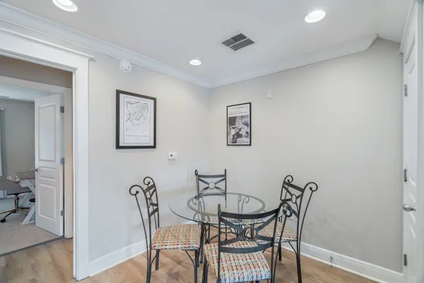 a view of a dining room with furniture