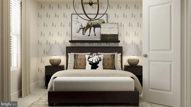 a bedroom with a bed and wall painting