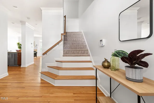 a view of staircase with white walls and a potted plant