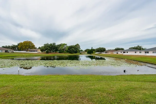 a view of a lake with houses in background