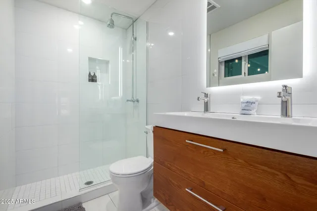 a bathroom with a sink a toilet a shower and a mirror