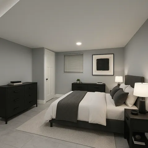 a bedroom with a bed and a night stand