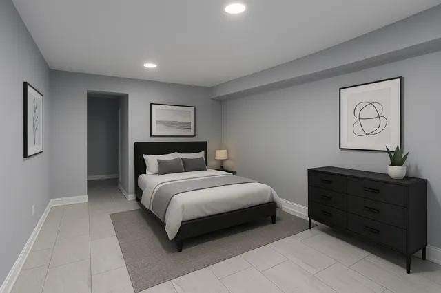 a spacious bedroom with a bed and a dresser