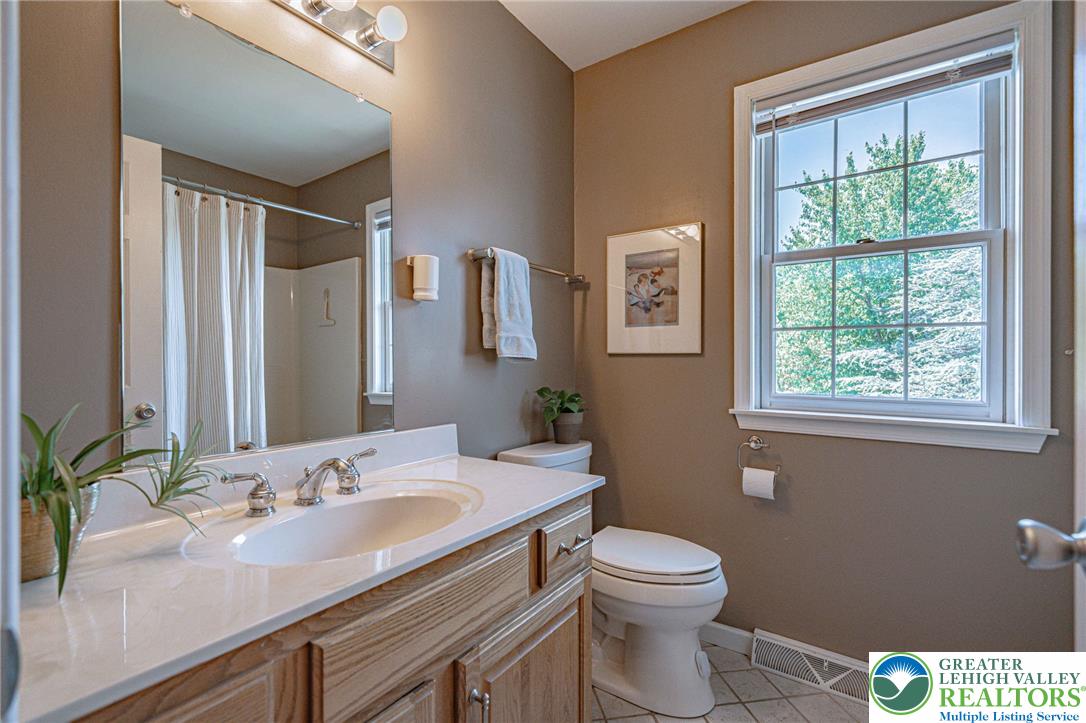 4542 Springfield Drive Coplay, PA 18037 - Photo 54 of 89 A well-appointed bathroom features a single vanity, a toilet, and a window offering natural light.