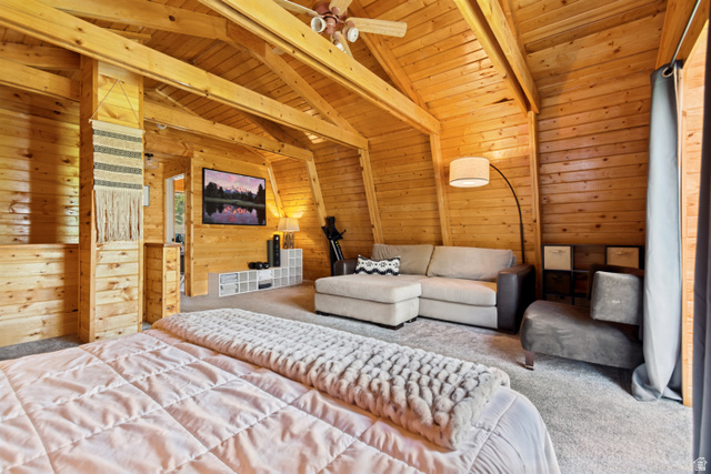 11237 East Aspen Road, Unit 74 Heber City, UT 84032 - Photo 17 of 32 Interior room featuring extensive wood plank walls and vaulted wood beam ceilings