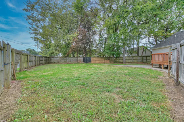 a view of a backyard with large trees