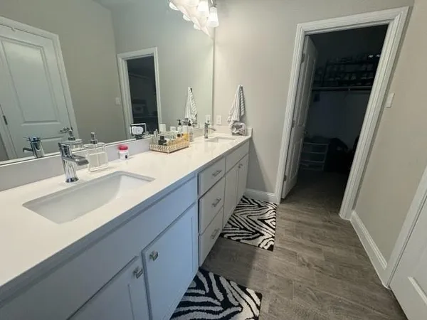 a bathroom with a double vanity sink a mirror and a shower
