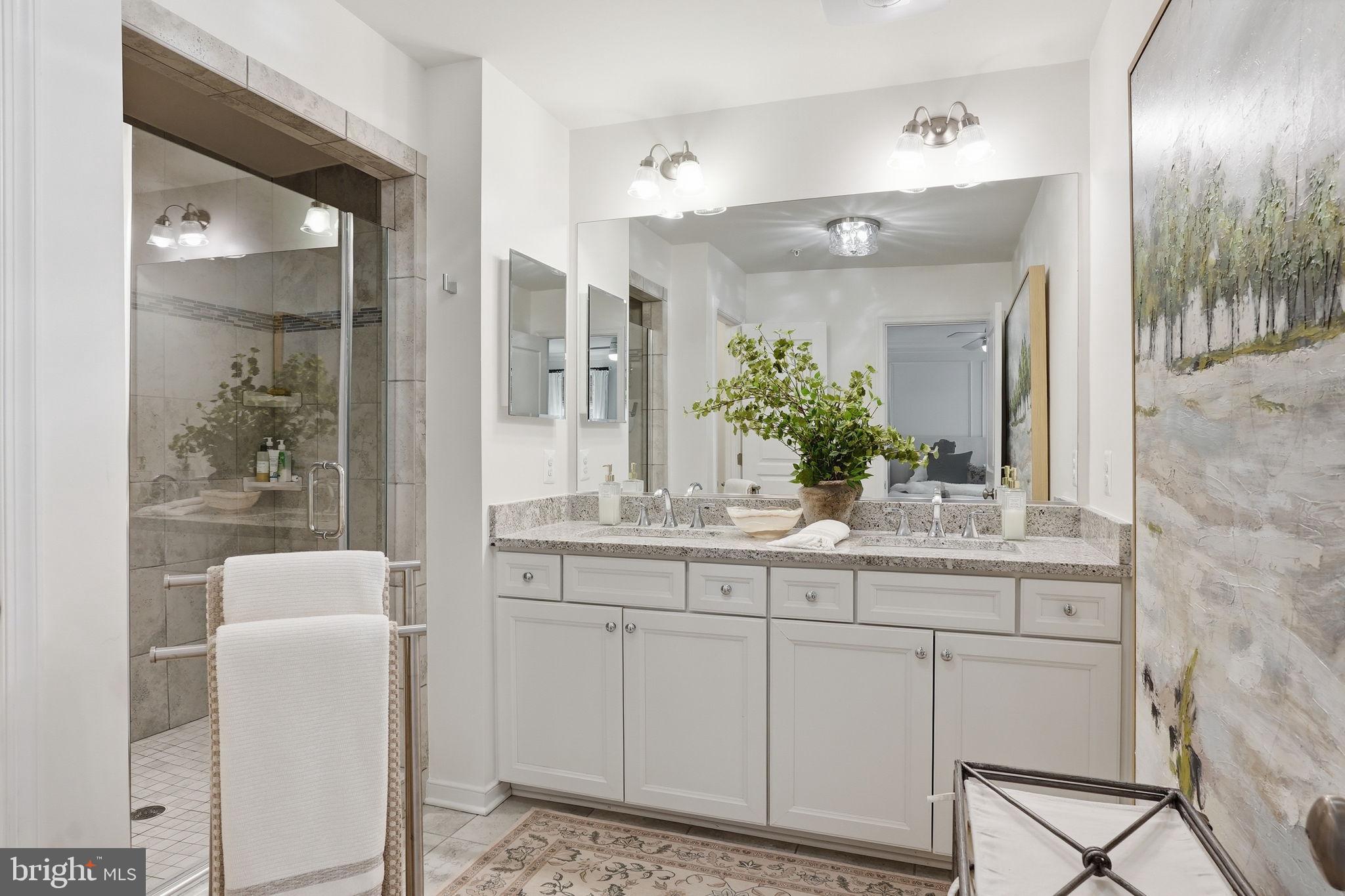 126 Admirals Ridge Drive Arnold, MD 21012 - Photo 19 of 58 a bathroom with a granite countertop sink a mirror and a shower