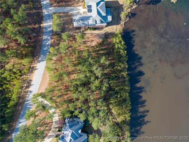 an aerial view of residential houses with outdoor space and lake view