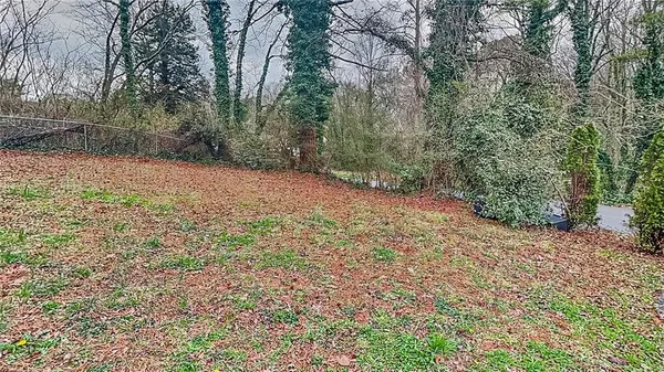 a view of a yard with large trees