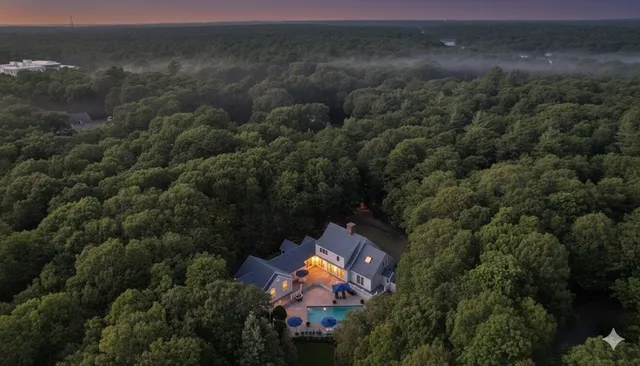 an aerial view of residential houses with outdoor space and trees