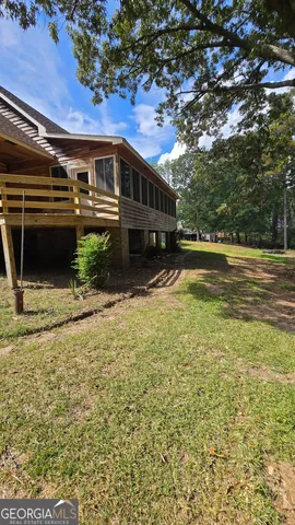 a view of a backyard with plants and large tree