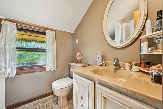 an aerial view of residential houses with outdoor space and trees