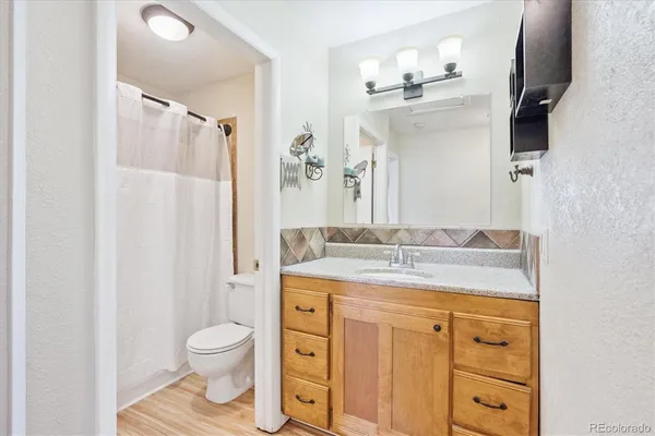 a bathroom with a granite countertop sink toilet and shower