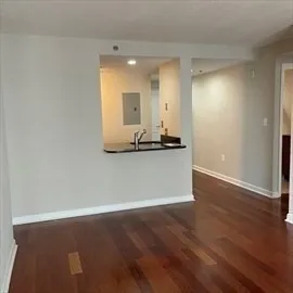 an empty room with wooden floor and mirror