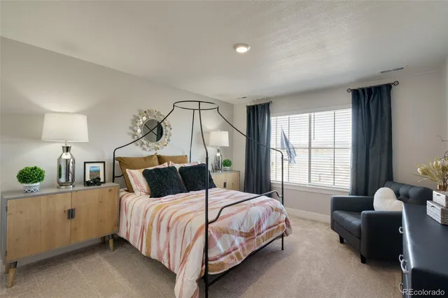 a bedroom with a bed and a couch