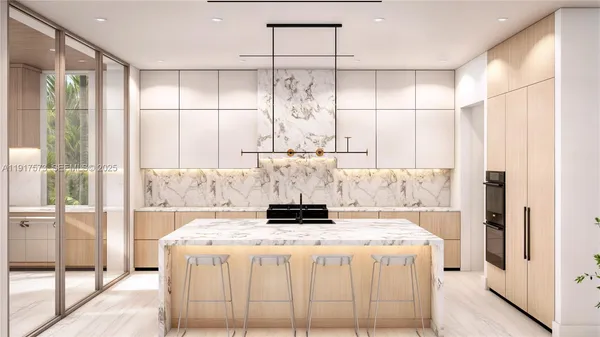 a kitchen with a refrigerator and countertop