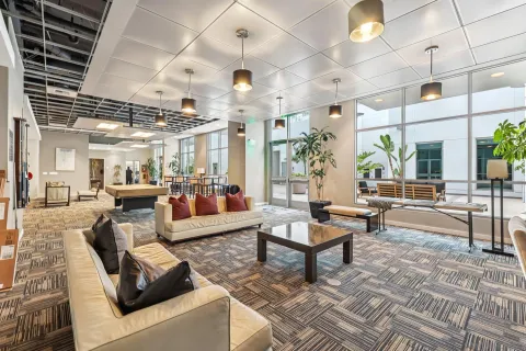 a living room with lots of furniture and a chandelier