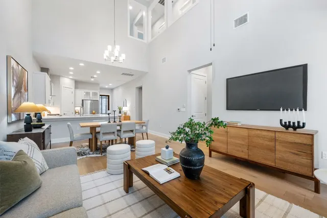 a living room with furniture potted plant and a flat screen tv