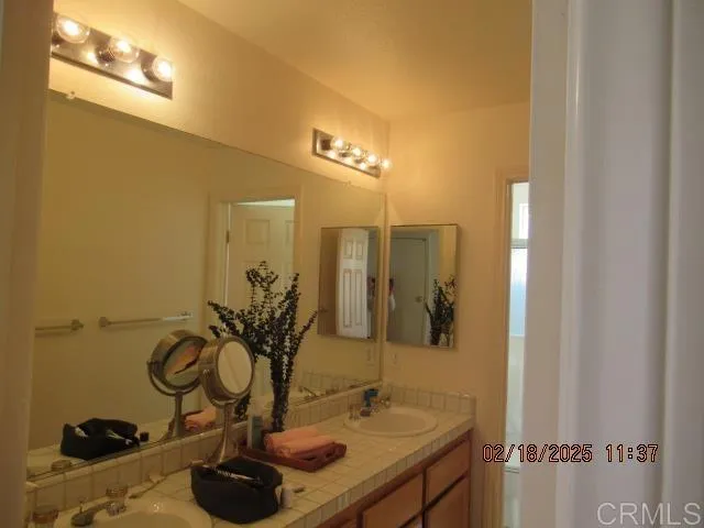 a bathroom with a sink a vanity and shower