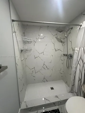 a bathroom with a shower and a toilet