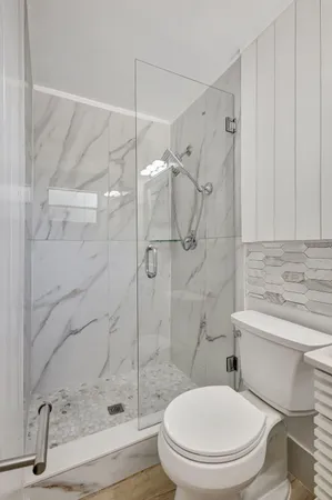 a bathroom with a toilet and a shower