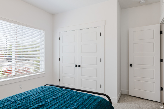 287 East 1000 North Logan, UT 84321 - Photo 29 of 41 Bright interior space featuring a window with white blinds, a double-door closet with matte black hardware, and an additional solid panel door
