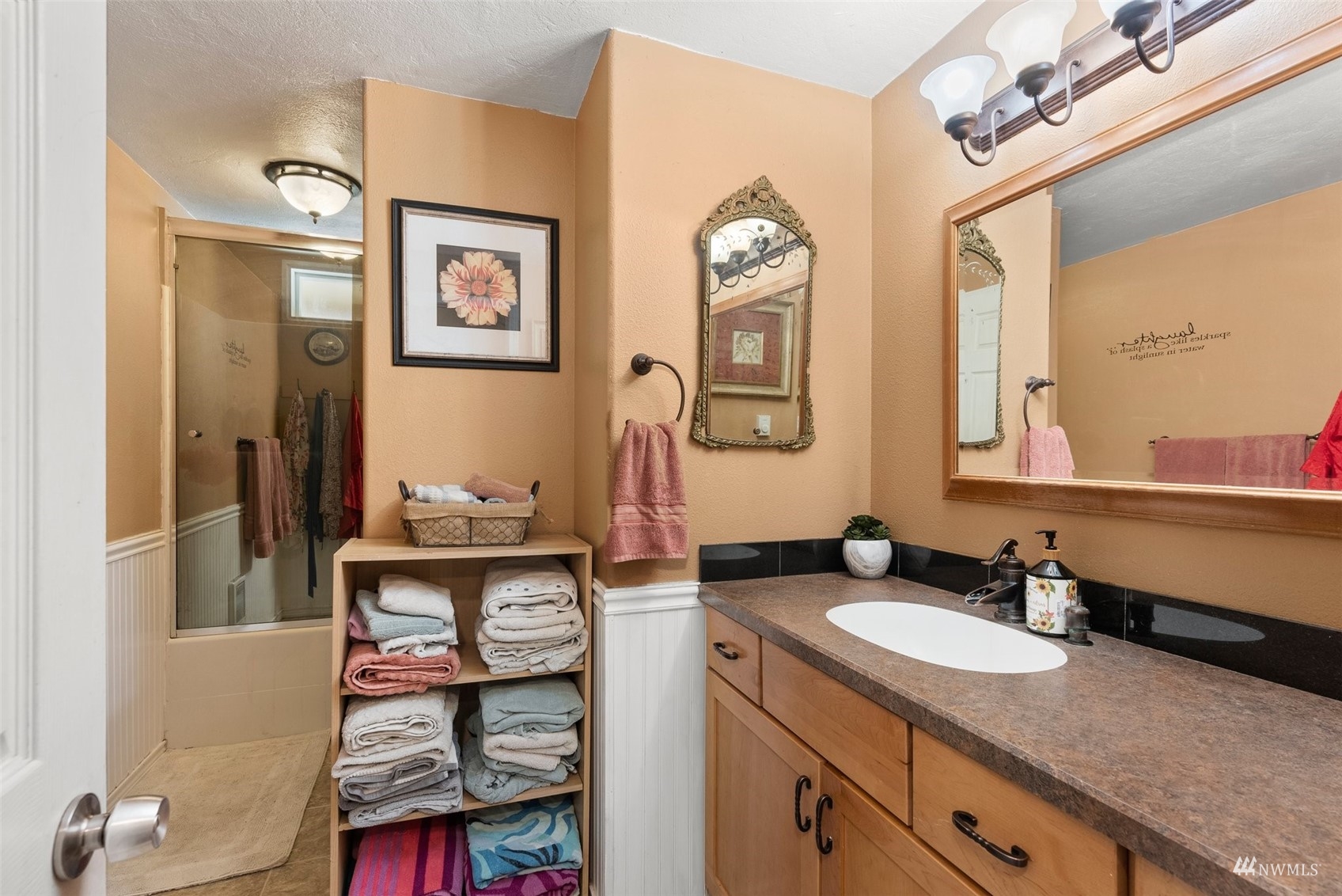 175 Ceres Hill Road Chehalis, WA 98532 - Photo 22 of 36 a bathroom with a granite countertop sink and a mirror