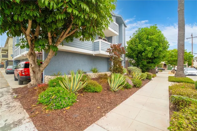 a view of backyard with plants and outdoor seating
