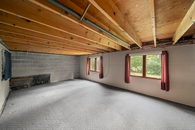 a view of a garage with storage