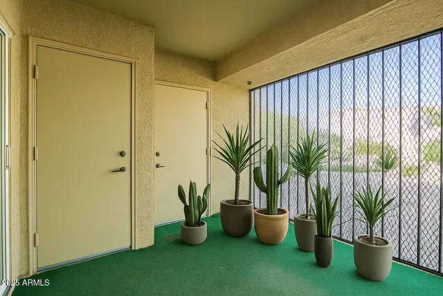 a living room with furniture and potted plants